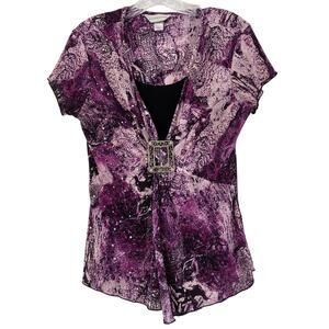 Vintage Y2K Purple Whimsigoth Dark Romantic Sequin Babydoll Top with Broach Sz S